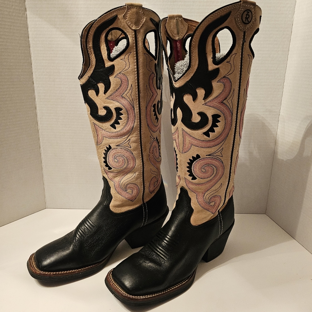 Tony Lama pink/tan/black 3R Buckaroo Boot Tall Square Toe Western Cowgirl Cowboy